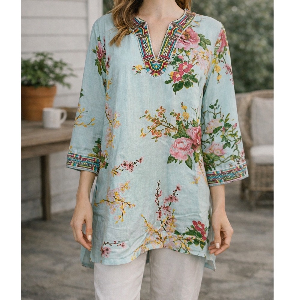 WB4 Soft Surroundings Embroidered Floral Tunic Top Bohemian Blouse Size M